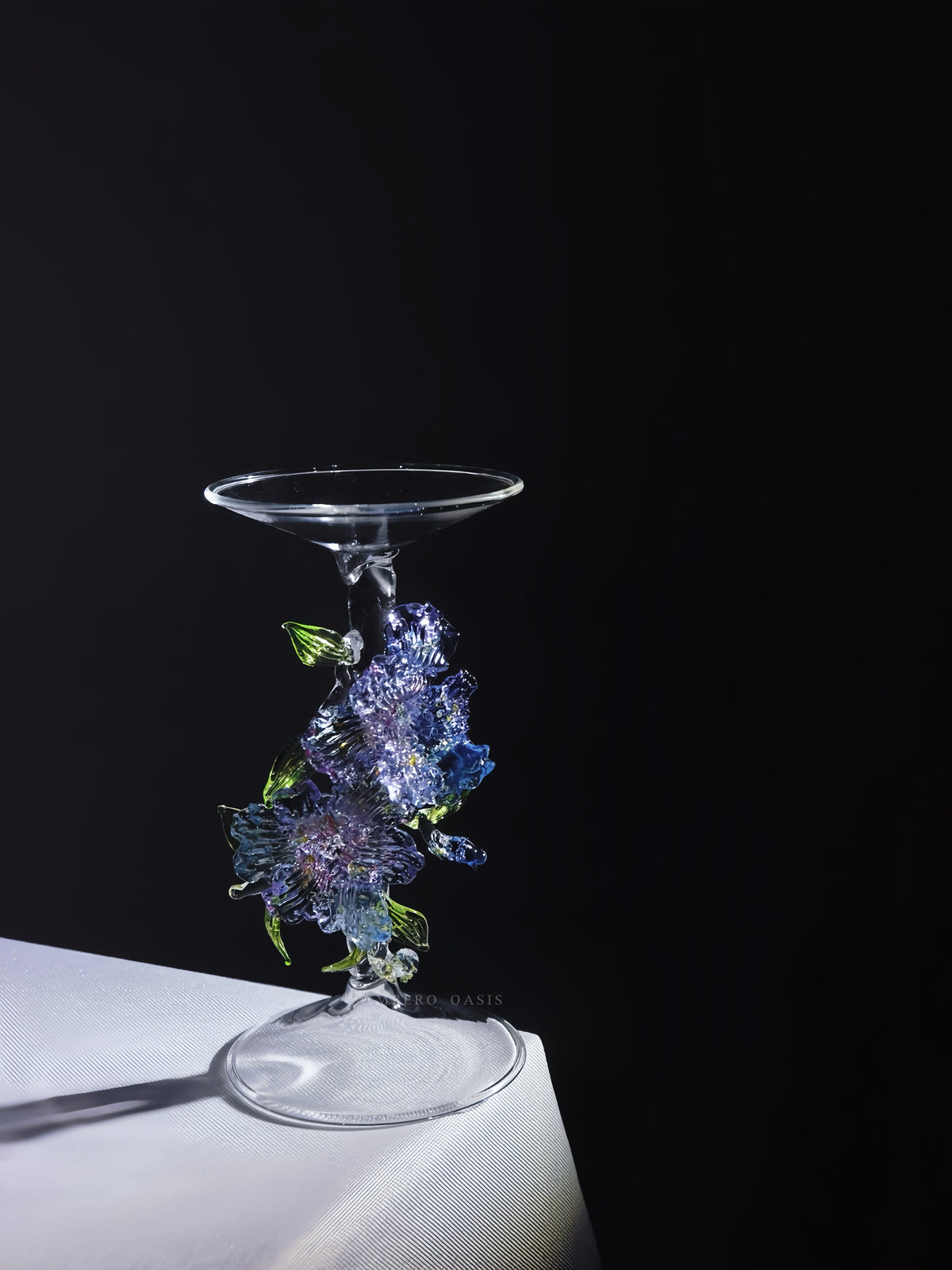 Handmade clear transparent glass Iris flower candle holder by Ambero Oasis.