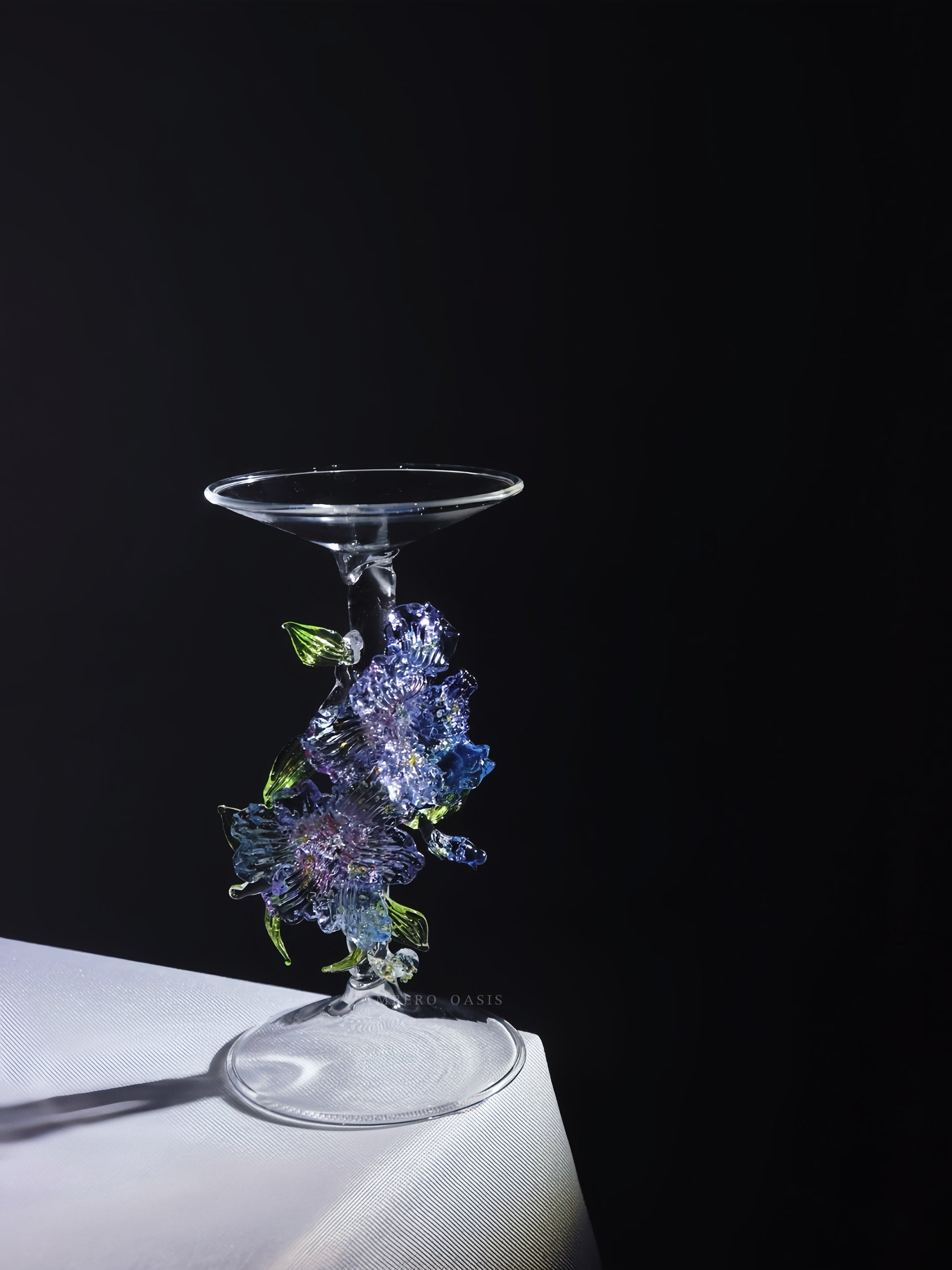 Handmade clear transparent glass Iris flower candle holder by Ambero Oasis.