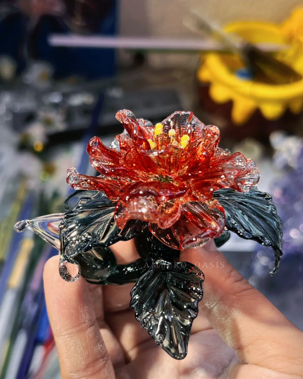 Exquisite Hand-Blown Glass Camellia Incense Holder (Original Design)-Ambero Oasis