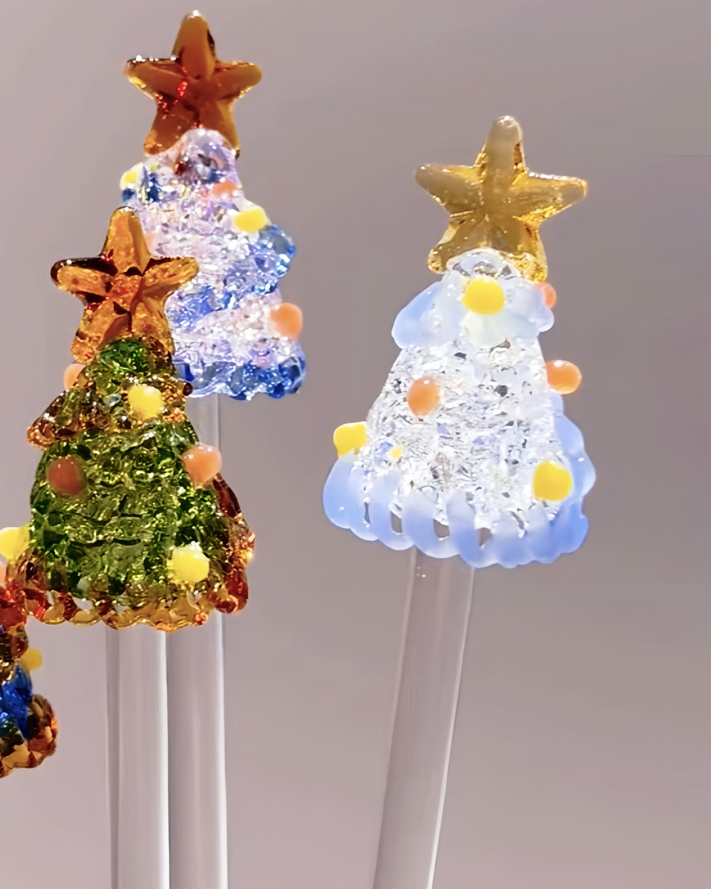 Hand-Blown Glass Christmas Tree Stirrer Blind Box, Lampwork Holiday Cocktail Swizzle Stick (Borosilicate Glass）