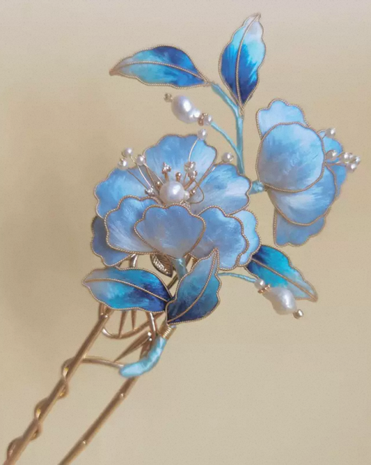 Handmade Aurora Silk Ronghua Hairpin by Ambero Oasis, featuring gradated blue silk threads, faux kingfisher feather art, and genuine freshwater pearls.