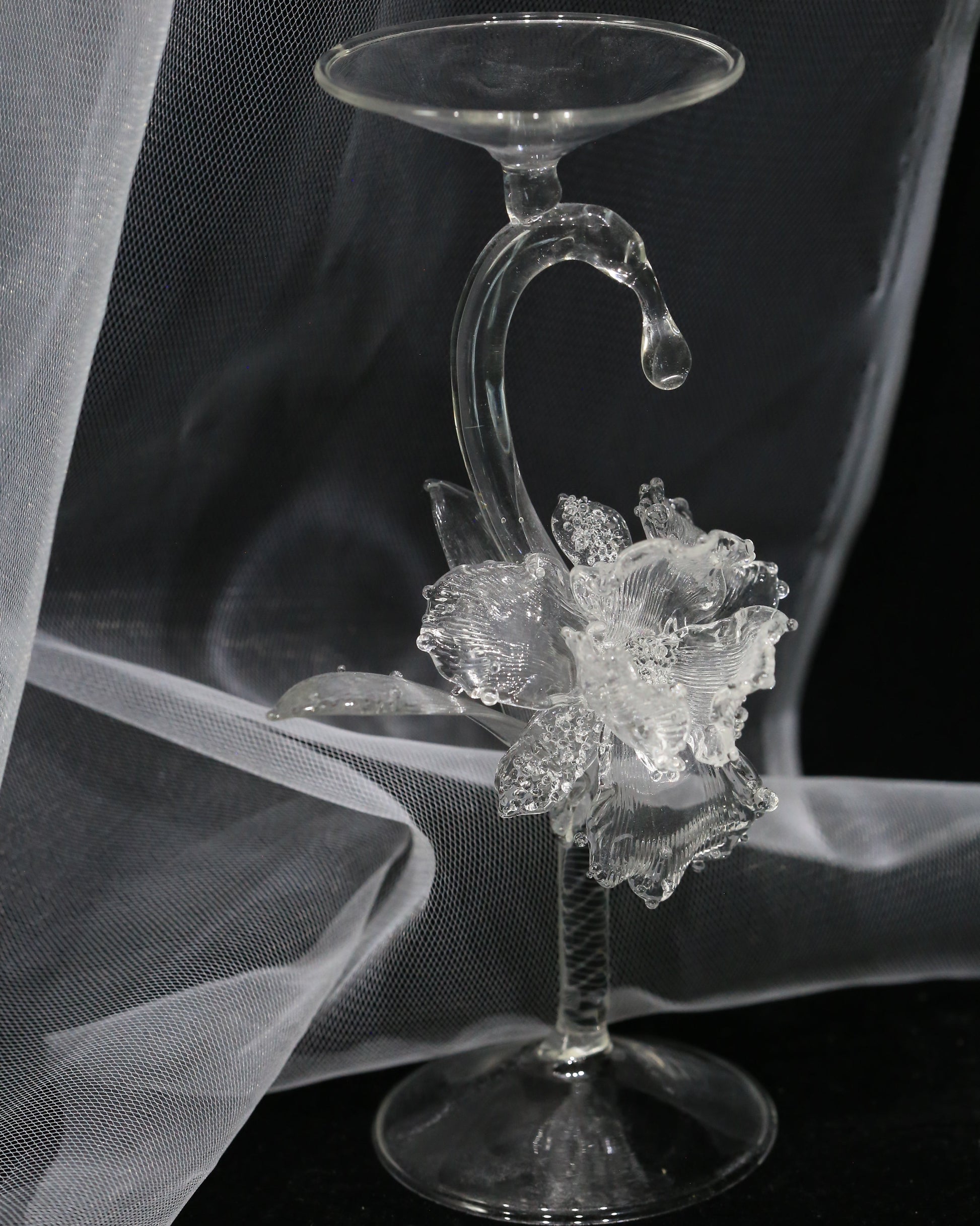 Transparent handmade iris glass candle holder, front view