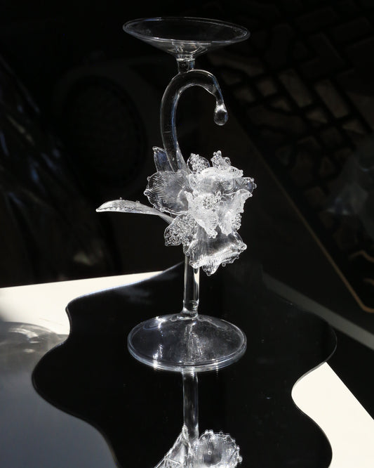Handmade clear glass Iris candle holder by AmberoOasis, featuring an intricately sculpted ruffled flower design on a tall elegant stem.