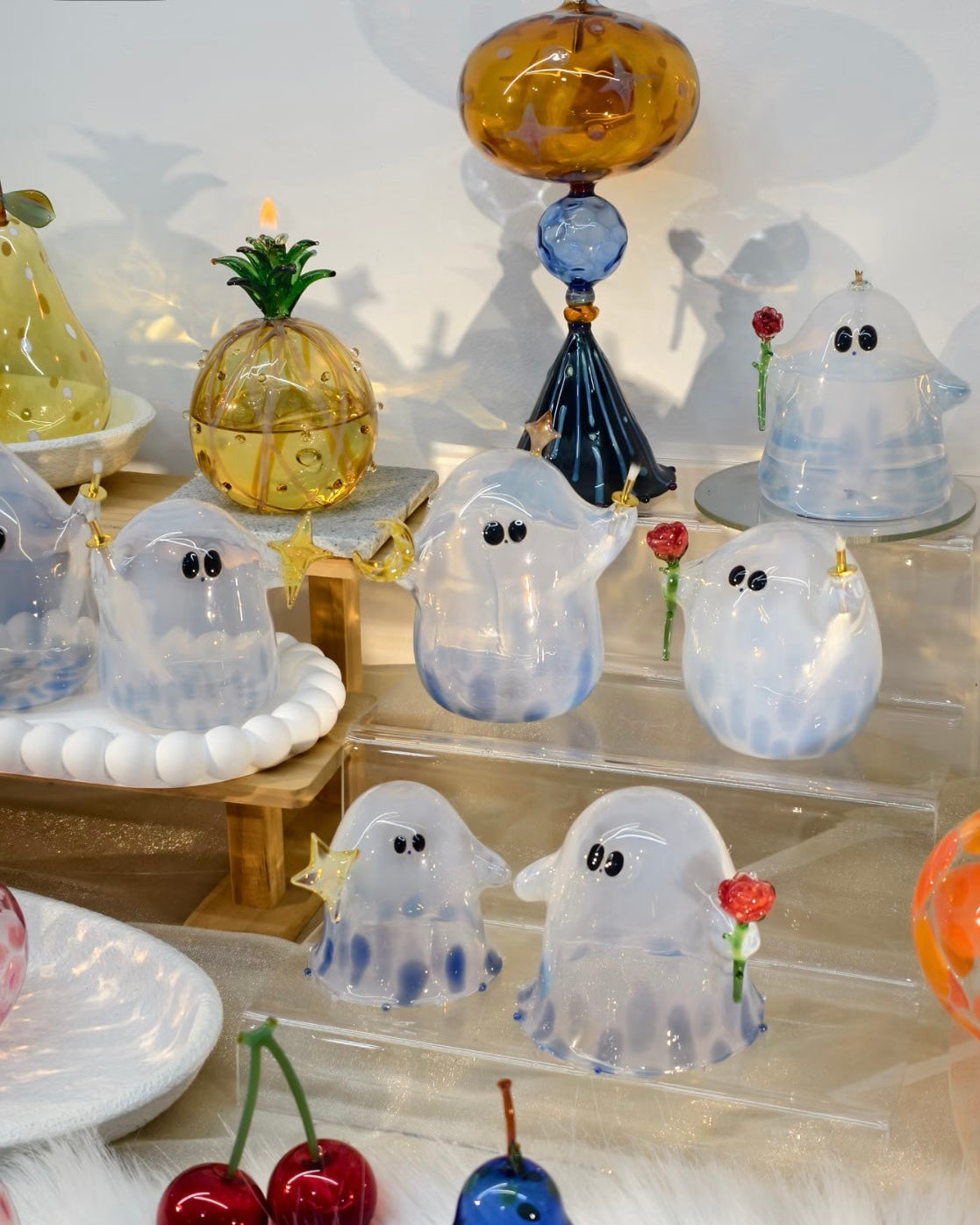 Halloween ghost butter lamp – handmade glass cute ghost decor with rose