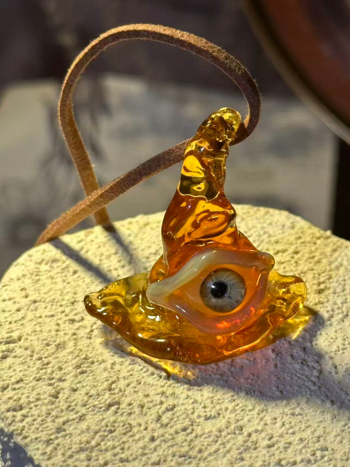 Lampwork amber glass magic hat eyeball pendant necklace.