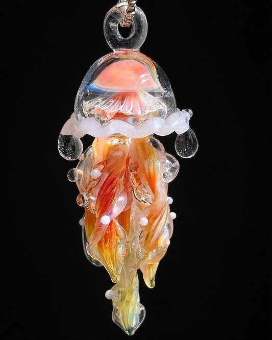 Sunset Jellyfish Pendant - Handblown glass ocean jewelry with pink orange gradient